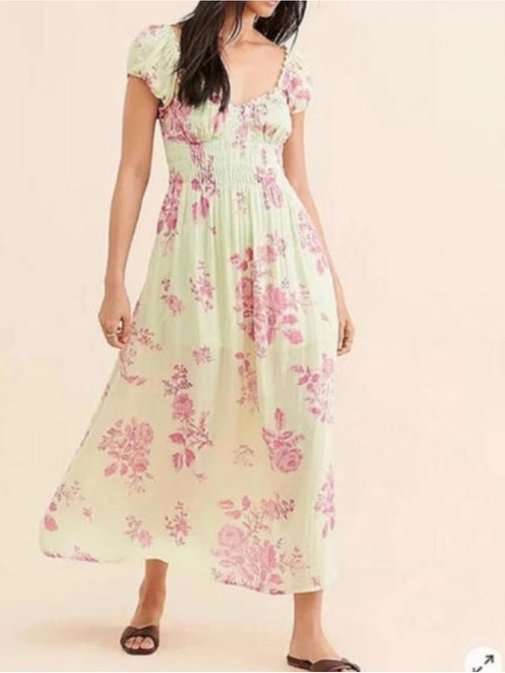 Free People Mint Green Maxi Dress with Pink Floral Print